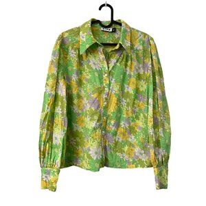 Rixo London Green Purple Yellow Floral Groovy Blake Long Sleeve Button Shirt 6